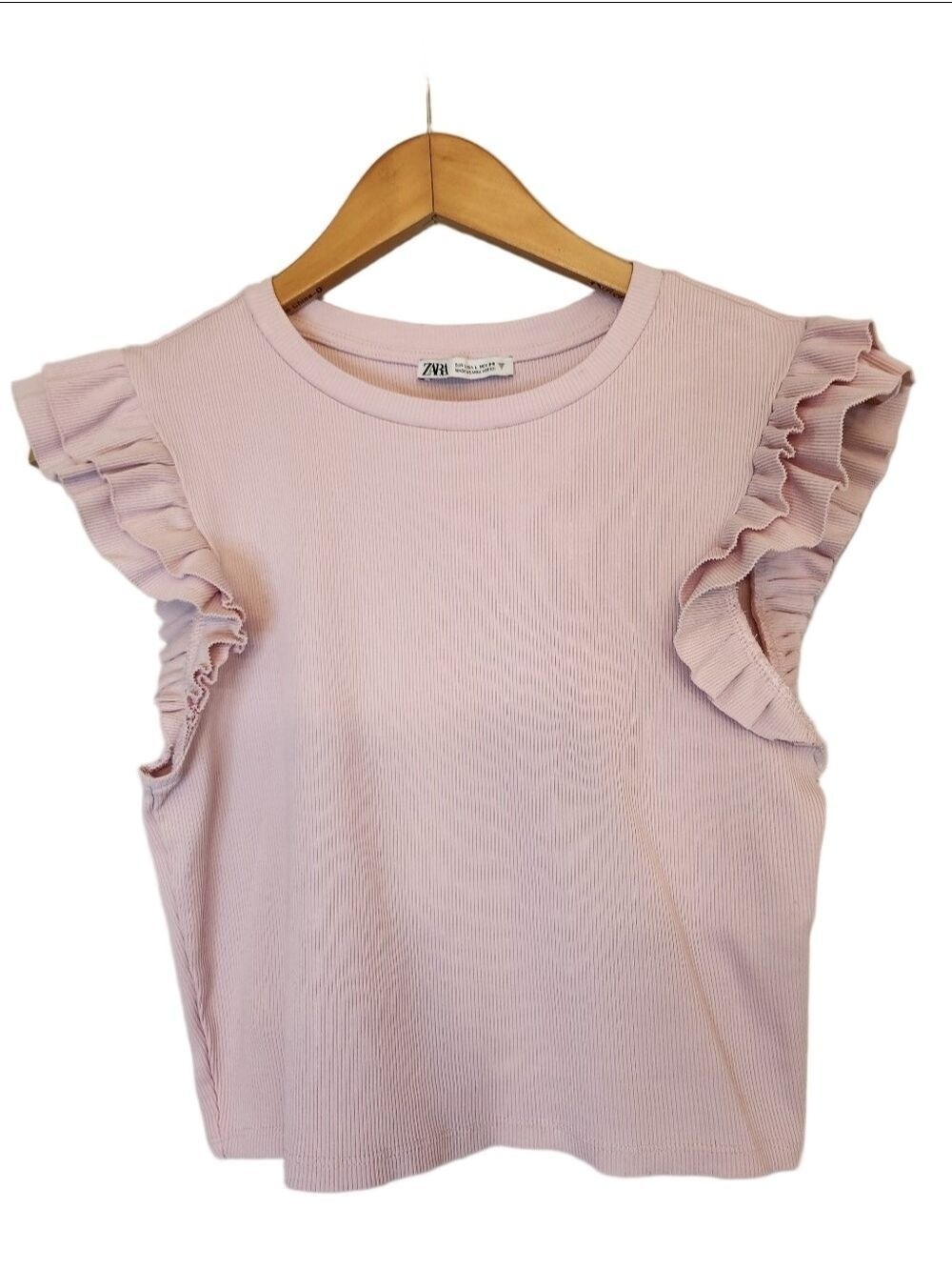 Zara Light Pink Ruffle Sleeve Ribbed Tank Top SZ: L balletcore, Coquette, Cotton